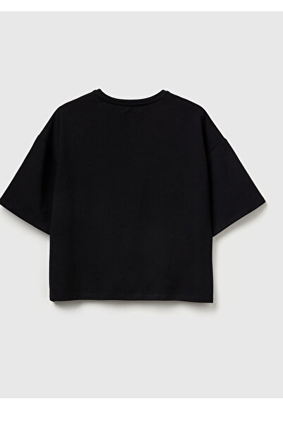 United Colors of Benetton Γυναικείο μαύρο μπλουζάκι από βαμβακερό μείγμα με λουλουδάτο απλικέ