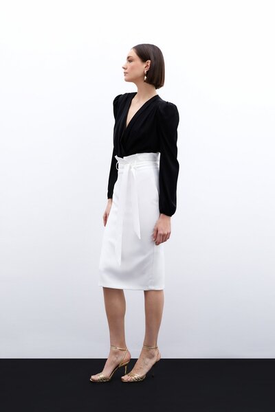 Sateen Kuşaklı Kalem Etek - Ekru