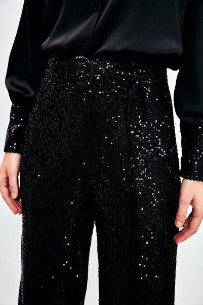 Sateen Kemerli Payet Pantolon - Siyah