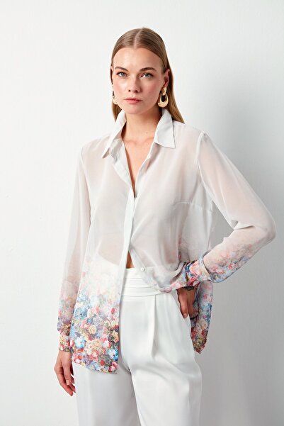 Sateen Çiçek Desenli Gömlek - Ekru