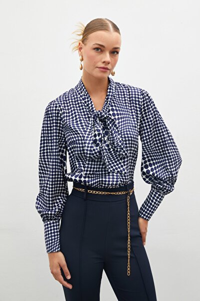Sateen Fularlı Desenli Gömlek - SAX MAVİ