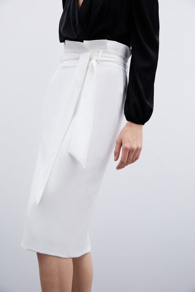 Sateen Kuşaklı Kalem Etek - Ekru