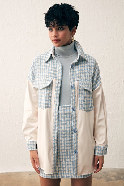 Sateen Patent Leather Houndstooth Shirt - Baby Blue