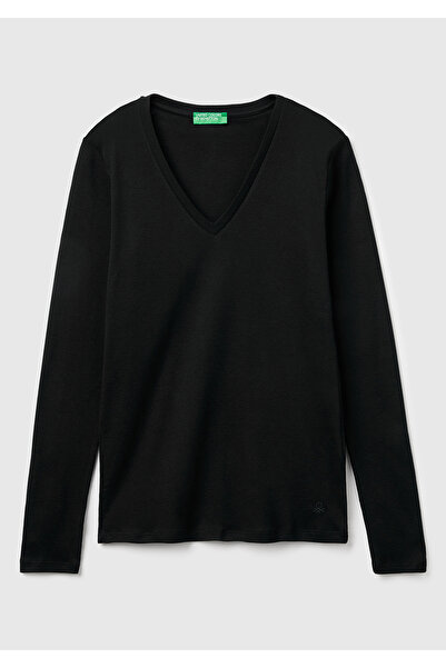 United Colors of Benetton Дамска черна тениска с дълъг ръкав и V-образно деколте