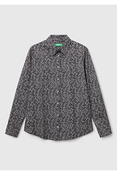 United Colors of Benetton Kadın Koyu Gri %100 Pamuk Desenli Regular Fit Gömlek