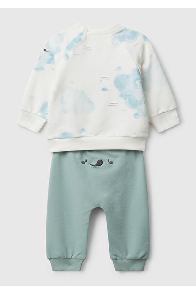 United Colors of Benetton Bebek Su Yeşili - Beyaz Tamamı Baskılı Kulaklı Üst ve Arkası İşlemeli Alt Eşofman Takımı