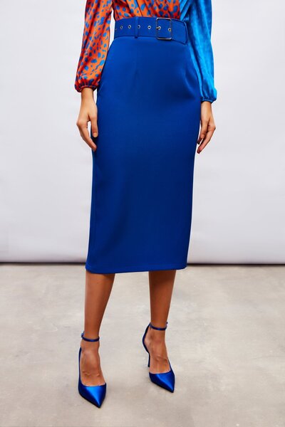 Sateen Sax Blue Belted Pencil Skirt