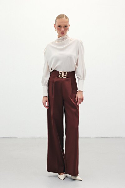 Sateen Wide Leg Trousers with Waist Accessories - Brown
