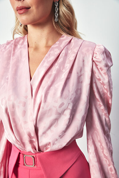 Sateen Double-Breasted Patterned Bodysuit Blouse - Powder