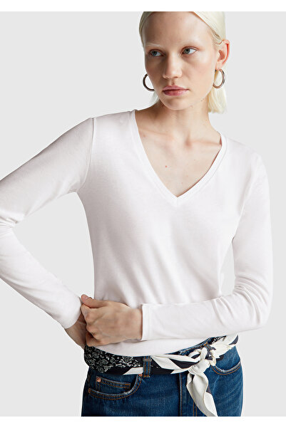 United Colors of Benetton Kadın Beyaz Basic V Yaka Uzun Kollu T-Shirt