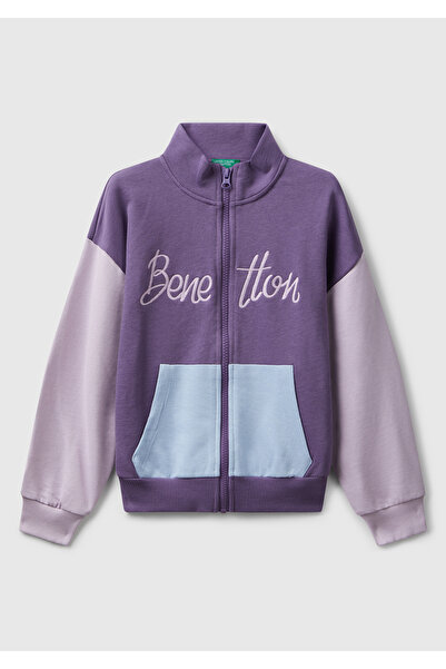 United Colors of Benetton Kız Çocuk Mor Mix Önü Logo Nakışlı Cepli Fermuarlı Dik Yaka Sweatshirt
