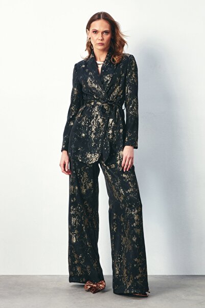 Sateen Shiny Patterned Loose Trousers - BLACK