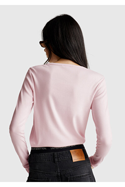 United Colors of Benetton Γυναικείο μακρυμάνικο μπλουζάκι με ανοιχτό ροζ Basic Crew λαιμόκοψη