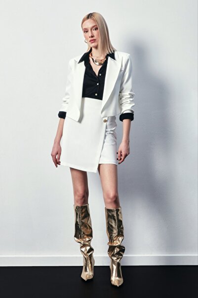 Sateen Kruvaze Düğme Detaylı Etek - Ekru