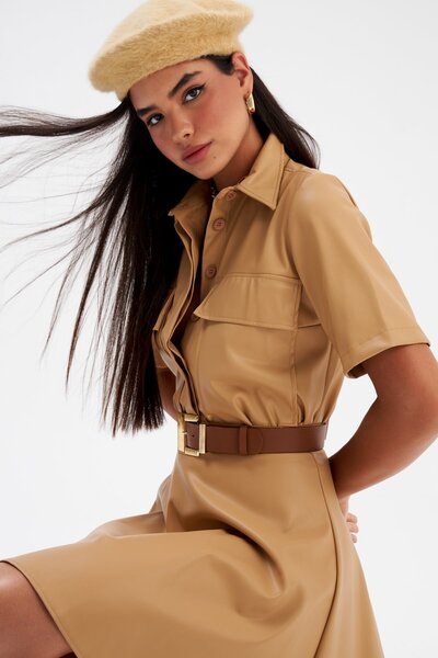 Sateen Δερμάτινο πουκάμισο με λεπτομέρεια τσέπης - Μπεζ