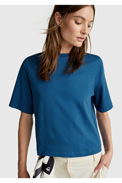 United Colors of Benetton Γυναικείο μπλουζάκι Indigo Blue 100% βαμβακερό μπλουζάκι με κουτιά