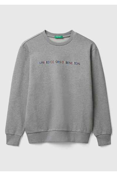 United Colors of Benetton Hanorac pentru băieți, gri melange, cu logo imprimat în față, cu decolteu crewneck, cu o formă regulară