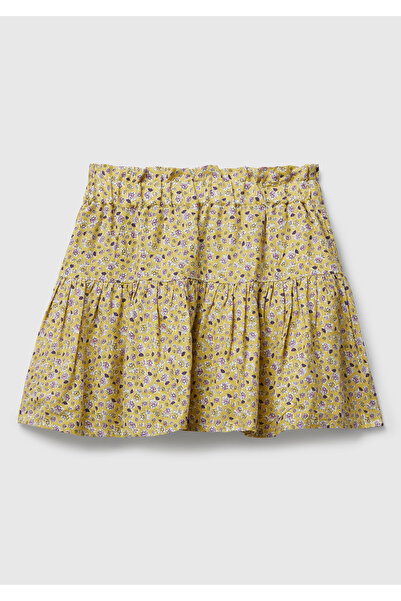 United Colors of Benetton Fusta pentru fete, albastru-verde, cu imprimeu integral, cu talie pliată și șnur în talie