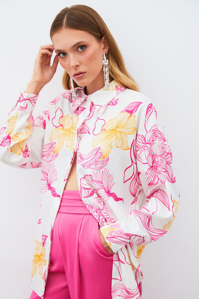 Sateen Renkli Desenli Salaş Gömlek - Fuşya