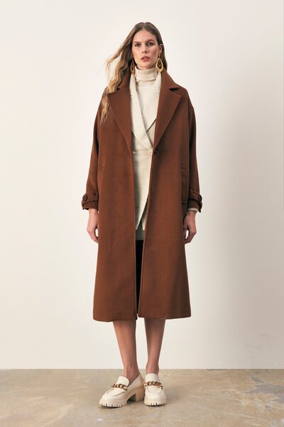 Sateen Kol Kemer Detaylı Salaş Kaban - Kahve