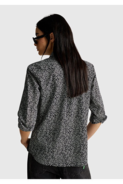 United Colors of Benetton Kadın Koyu Gri %100 Pamuk Desenli Regular Fit Gömlek