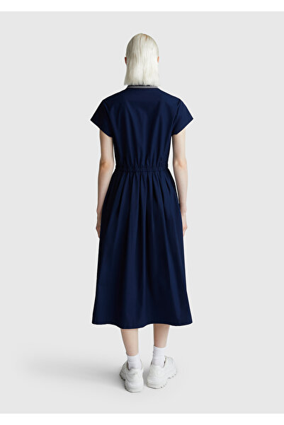 United Colors of Benetton Women's Navy Blue 100% Cotton Buttoned Waist Lace-Up Shirt Collar Dress