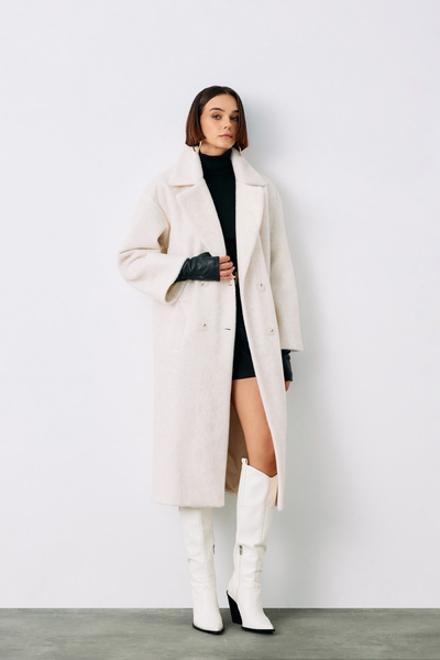 Sateen Düğmeli Kaşe Kaban - Ekru