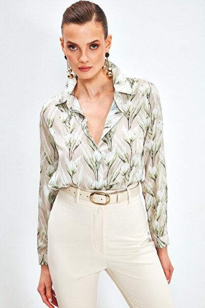 Sateen قميص فضفاض منقوش - بيج