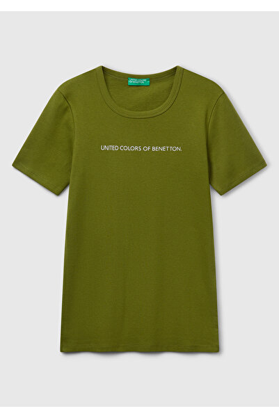 United Colors of Benetton Women's Khaki Green 100% Cotton Benetton Printed Basic T-Shirt