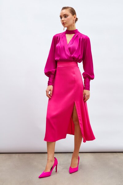 Sateen Slit Satin Skirt - Fuchsia