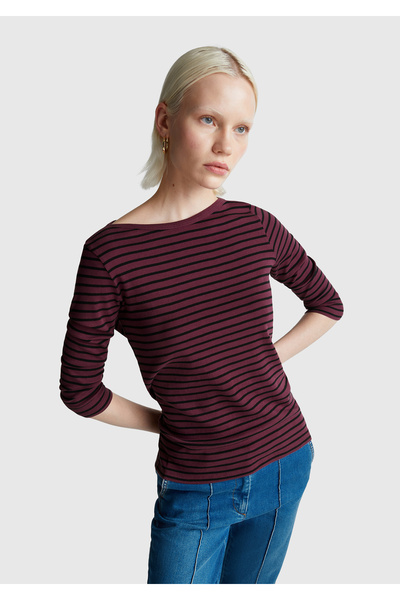 United Colors of Benetton Γυναικείο μπλουζάκι μωβ 100% βαμβακερό με ριγέ λογότυπο και μανίκια τριών τετάρτων