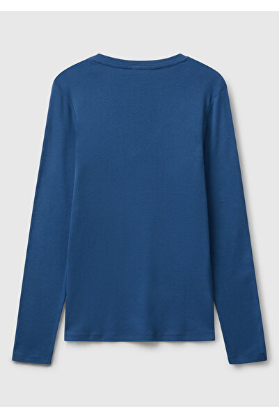 United Colors of Benetton Γυναικείο μπλουζάκι Indigo Blue Basic με λαιμόκοψη V με μακρύ μανίκι