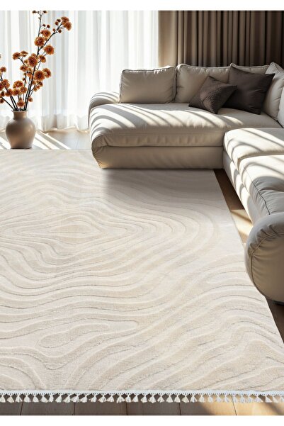 Dinarsu Alaçatı Püsküllü Kaymaz Taban Halı 150x230 Lots Açık Bej