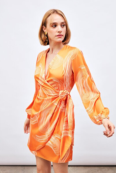 Sateen Double-Breasted Patterned Dress - Orange