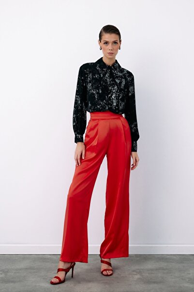 Sateen Geniş İnci Yakalı Gömlek - SİYAH-GÜMÜŞ