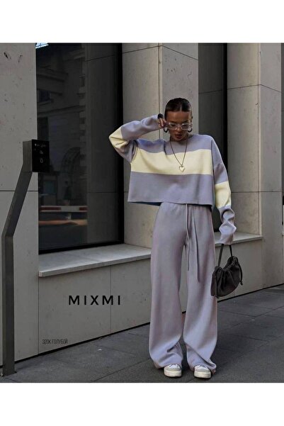 moda paketi Oversize Regular - Premium Sweater Pants Striped Two-Piece Knitwear Set-Black