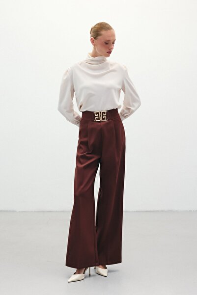 Sateen Wide Leg Trousers with Waist Accessories - Brown