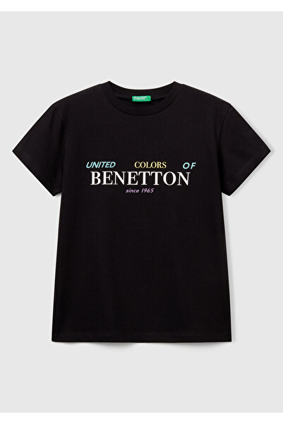 United Colors of Benetton Tricou negru pentru băieți, cu decolteu crew, cu lo...