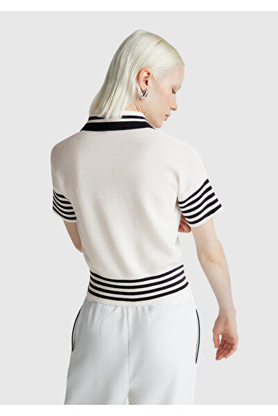 United Colors of Benetton Pulover de damă crem, 100% bumbac, cu mânecă scurtă și gât polo