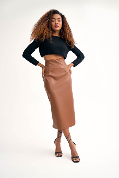 Sateen Yan Yırtmaçlı Deri Etek - Kahve