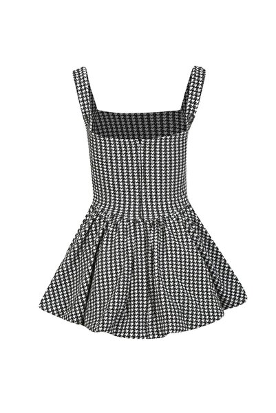 La Sarta Lisbon Kaz Ayagı Desenli Jakarlı Siyah Beyaz Mini Balon Elbise