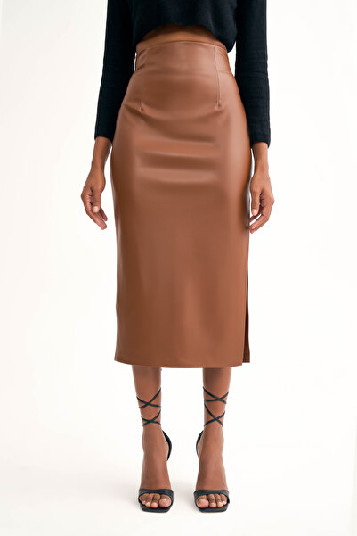 Sateen Yan Yırtmaçlı Deri Etek - Kahve