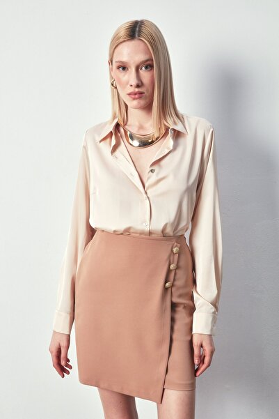 Sateen Kruvaze Düğme Detaylı Etek - Camel