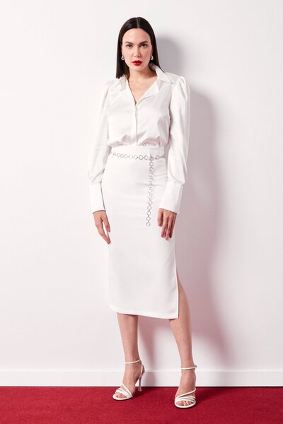 Sateen Vatkalı Desenli Saten Gömlek - Ekru