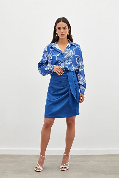 Sateen Kuşaklı Mini Etek - İNDİGO