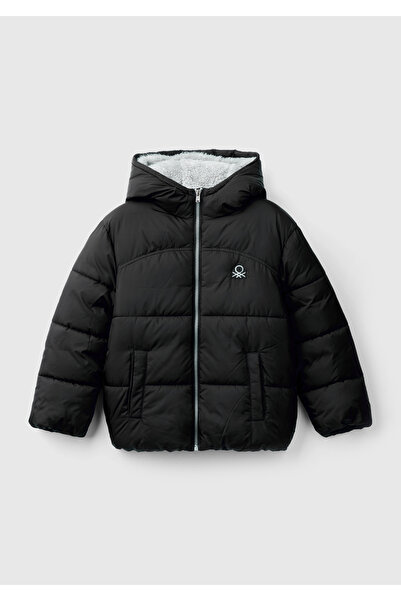 United Colors of Benetton Boy's Black Left Chest Logo Patched Pufa παλτό με λ...