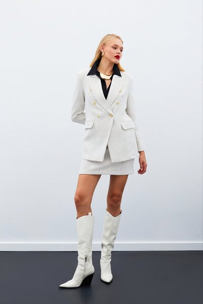 Sateen Μπουφάν από τουίντ με λεπτομέρεια με κουμπιά - Μπεζ