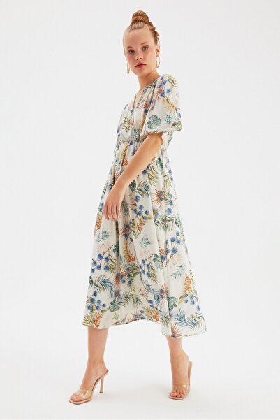 Sateen Blue Floral Patterned Long Dress