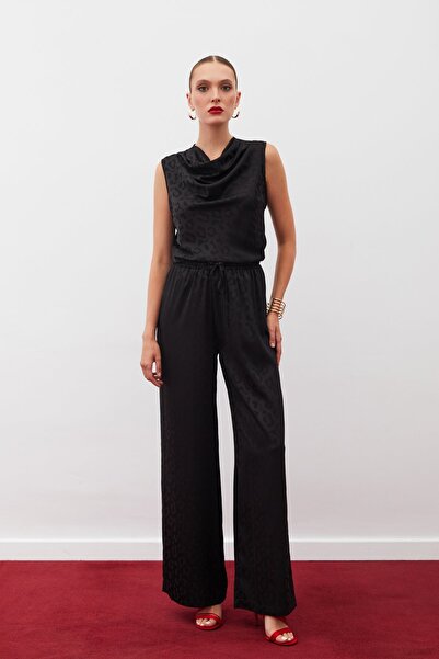 Sateen Bel Lastikli Desenli Pantolon - SİYAH