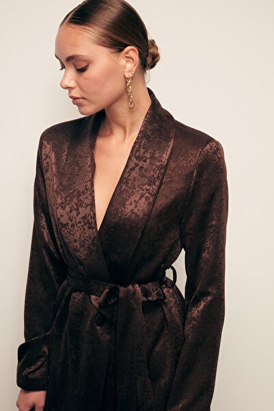 Sateen Довгий піджак з поясом - Кавовий